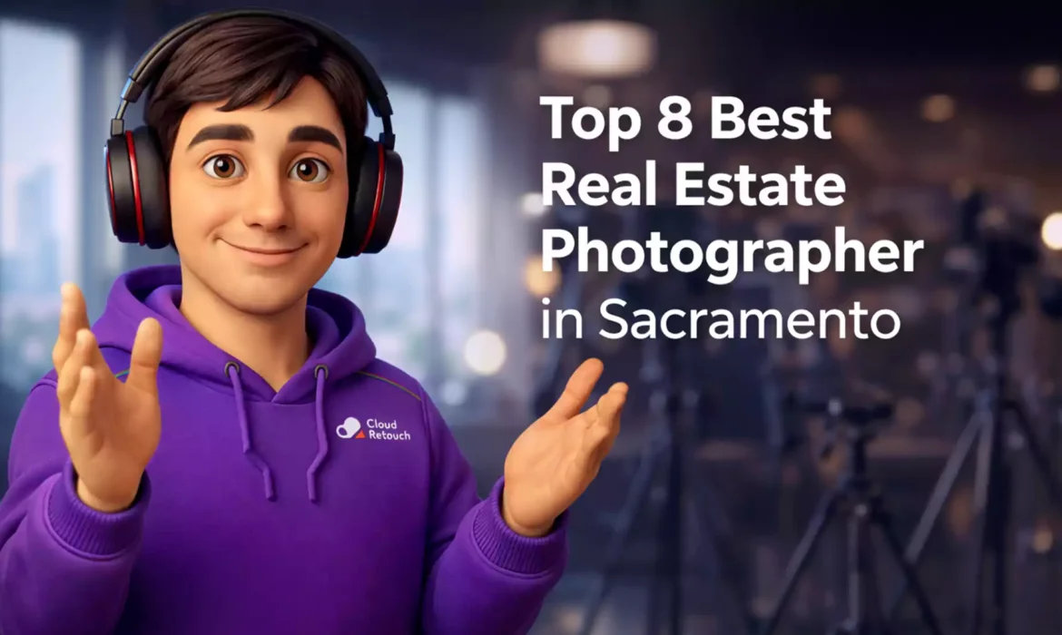 3D character wearing a purple hoodie and headphones standing in a Sacramento photography studio