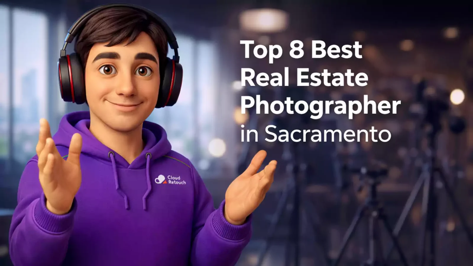 3D character wearing a purple hoodie and headphones standing in a Sacramento photography studio