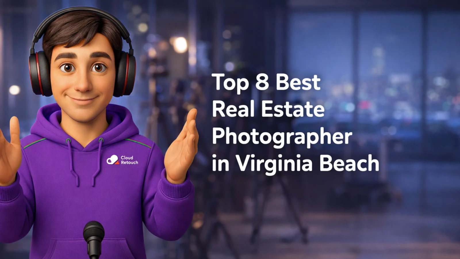 3D CloudRetouch character in a Virginia Beach studio wearing a purple hoodie and headphones.