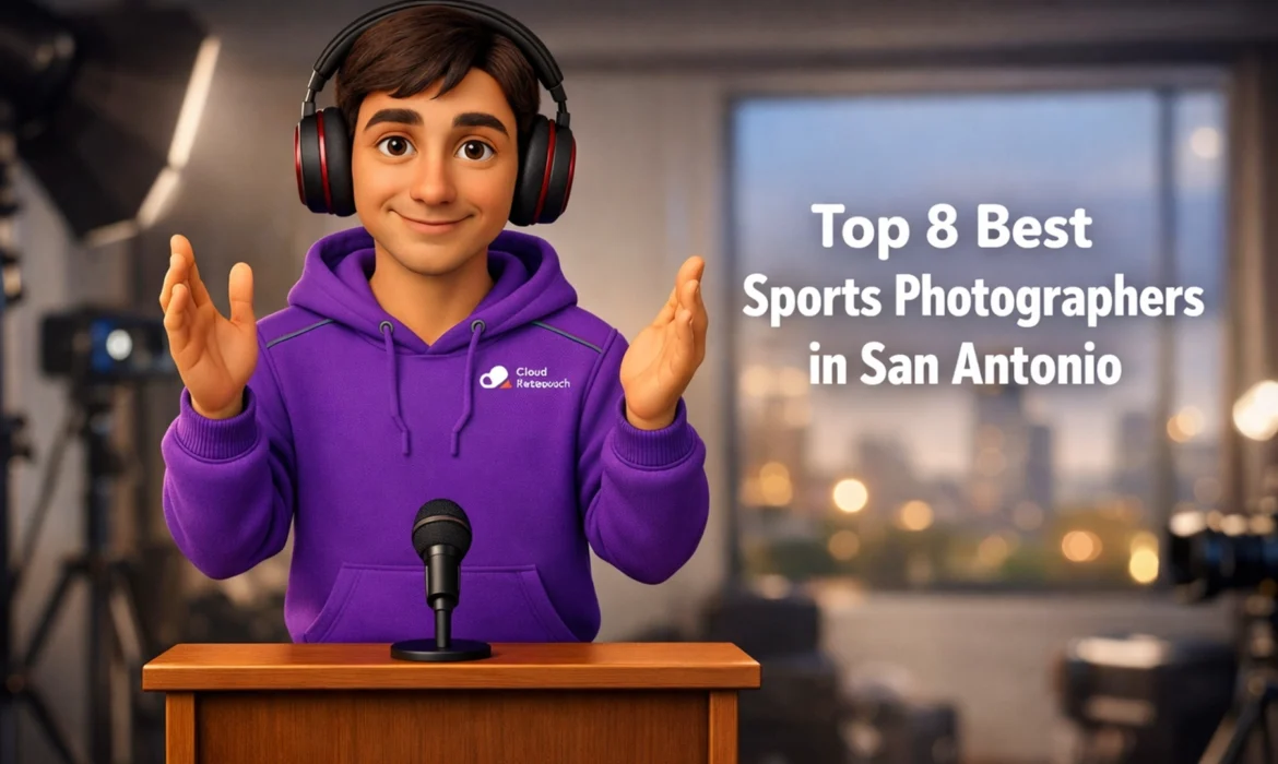 CloudRetouch character in a San Antonio studio editing sports photography with professional headphones and purple hoodie.