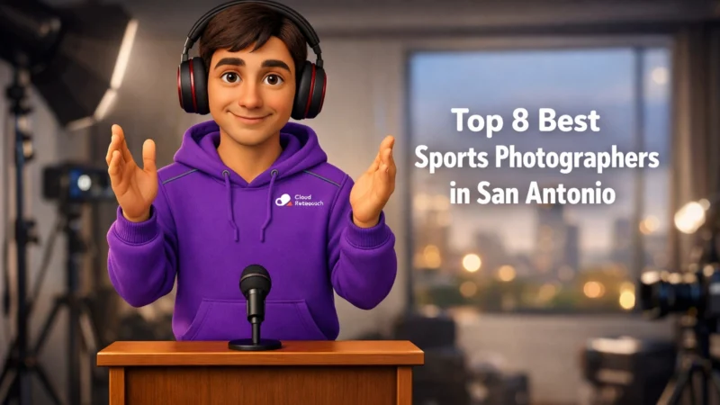 CloudRetouch character in a San Antonio studio editing sports photography with professional headphones and purple hoodie.