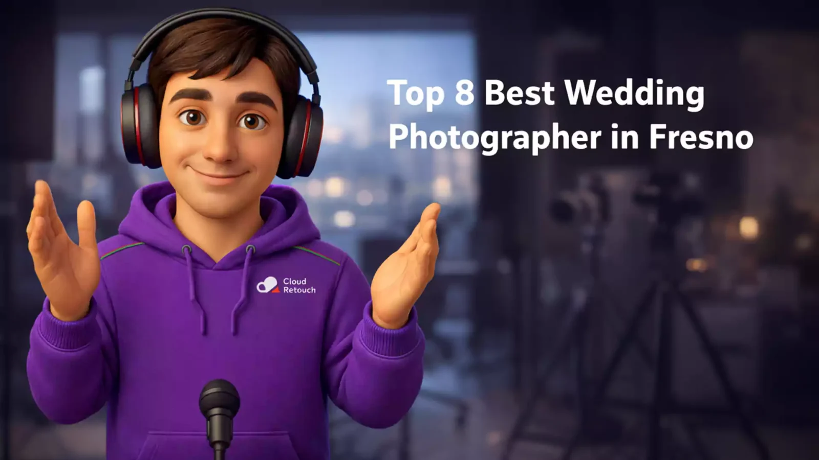 CloudRetouch character in a Fresno studio setting representing the best wedding photographer in Fresno