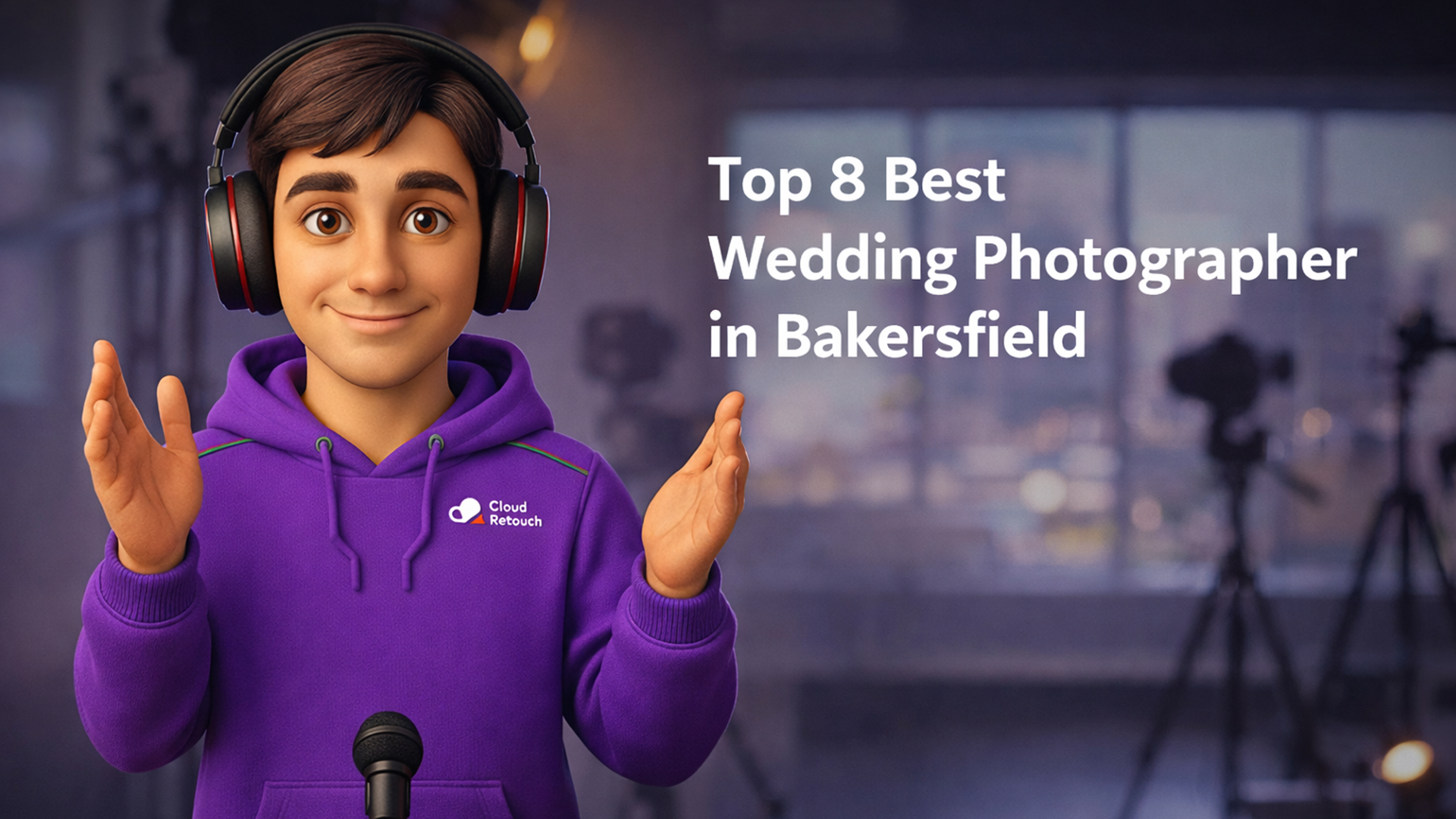 3D character wearing a purple hoodie and headphones in a Bakersfield photography studio setting