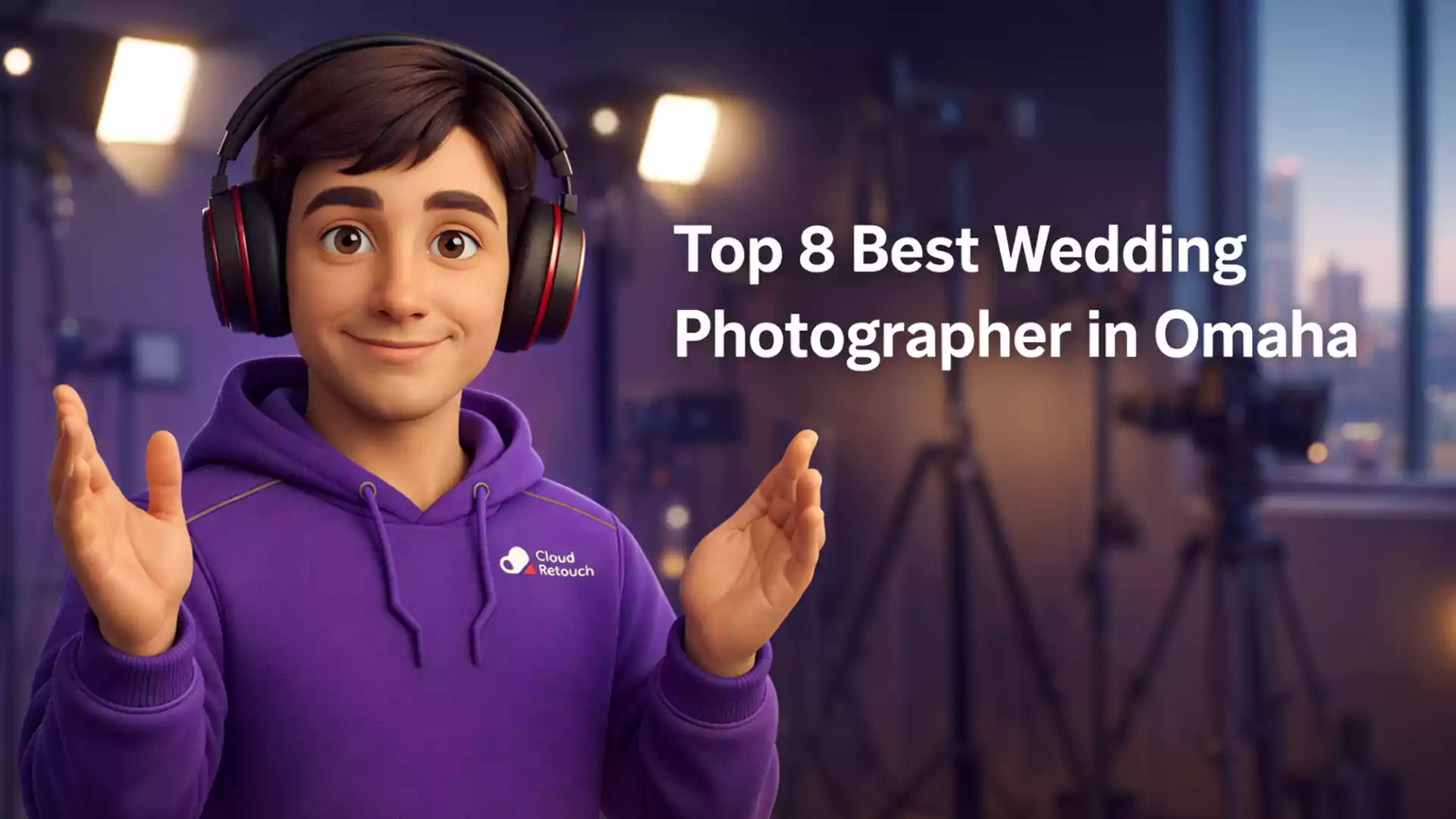 3D CloudRetouch character in a modern studio in Omaha with camera gear, representing the best wedding photographer in Omaha