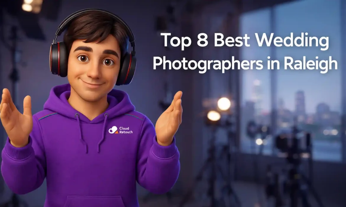 3D character wearing a purple hoodie and headphones standing in a Raleigh studio with wedding photography gear