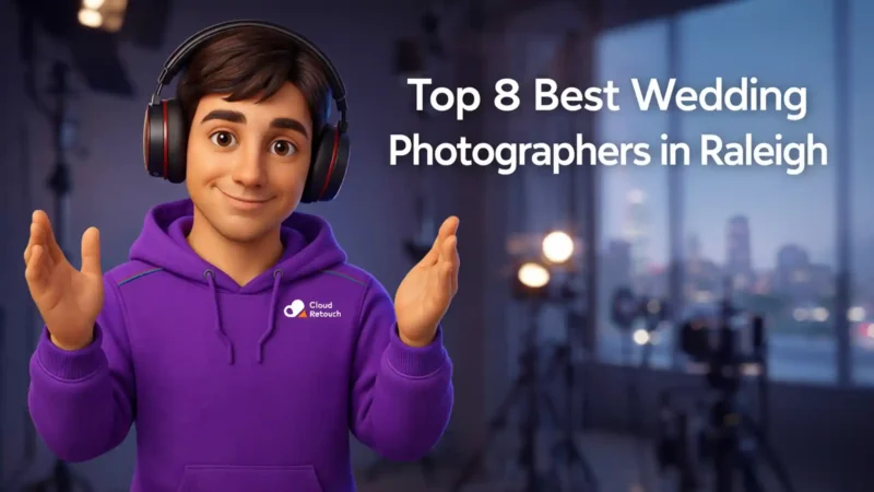 3D character wearing a purple hoodie and headphones standing in a Raleigh studio with wedding photography gear