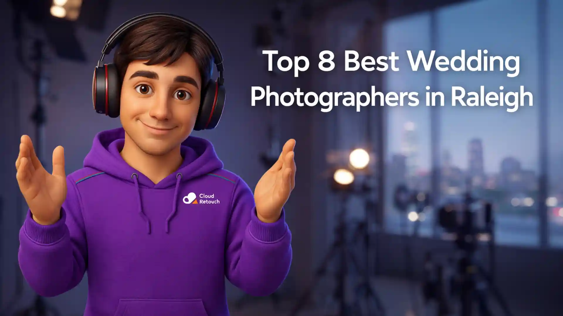 3D character wearing a purple hoodie and headphones standing in a Raleigh studio with wedding photography gear