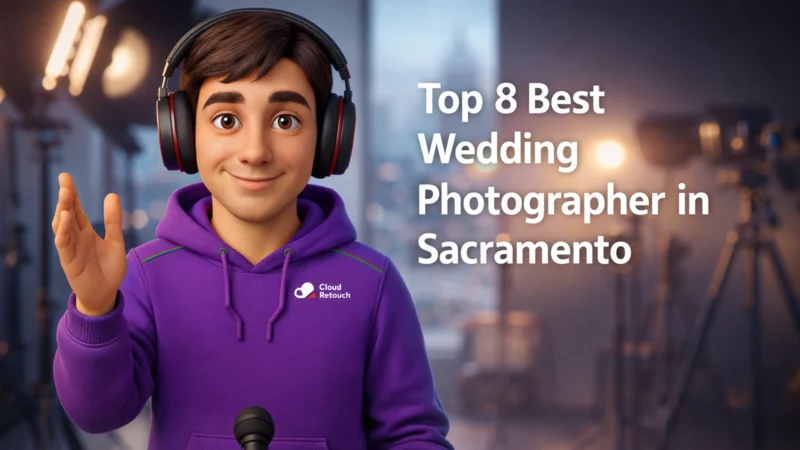 3D Pixar-style male character in purple hoodie and headphones standing in a Sacramento studio with text overlay Top 8 Best Wedding Photographer in Sacramento