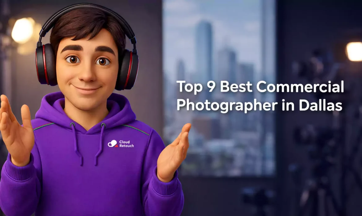 3D Pixar-style male character in a purple hoodie and headphones standing in a Dallas photography studio.