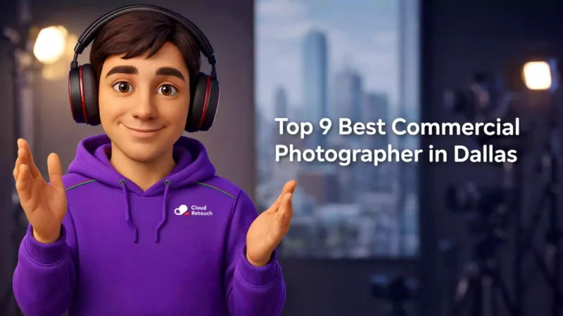 3D Pixar-style male character in a purple hoodie and headphones standing in a Dallas photography studio.