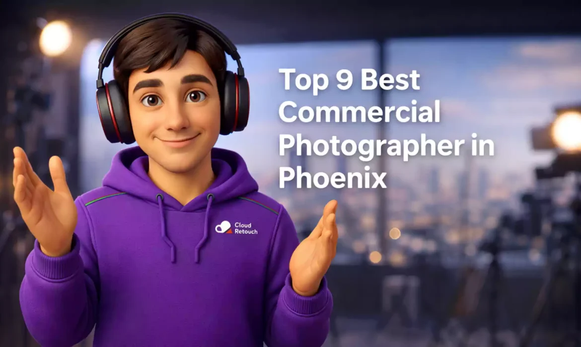 A 3D Pixar-style male character in a purple hoodie and headphones standing in a Phoenix photography studio with the text Top 9 Best Commercial Photographer in Phoenix.