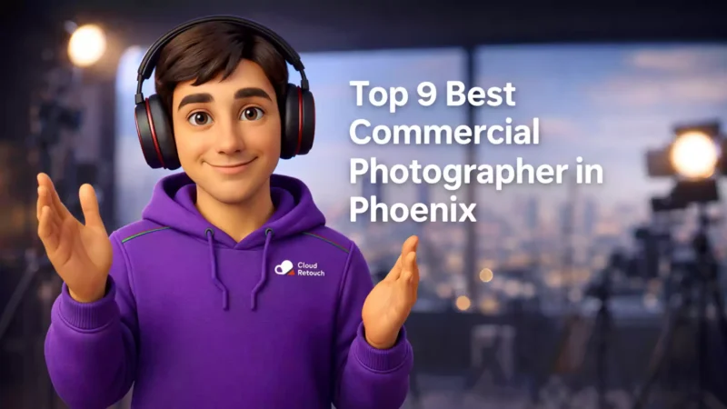 A 3D Pixar-style male character in a purple hoodie and headphones standing in a Phoenix photography studio with the text Top 9 Best Commercial Photographer in Phoenix.