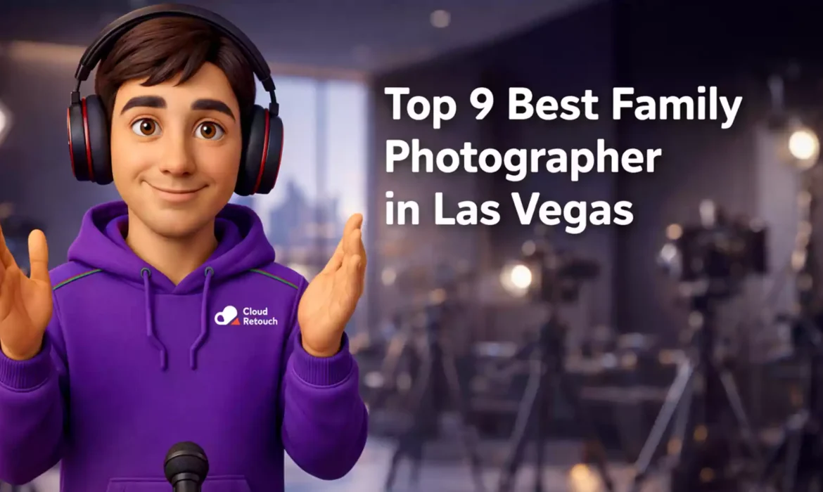 3D Pixar-style character in purple CloudRetouch hoodie and headphones standing in a Las Vegas photography studio.