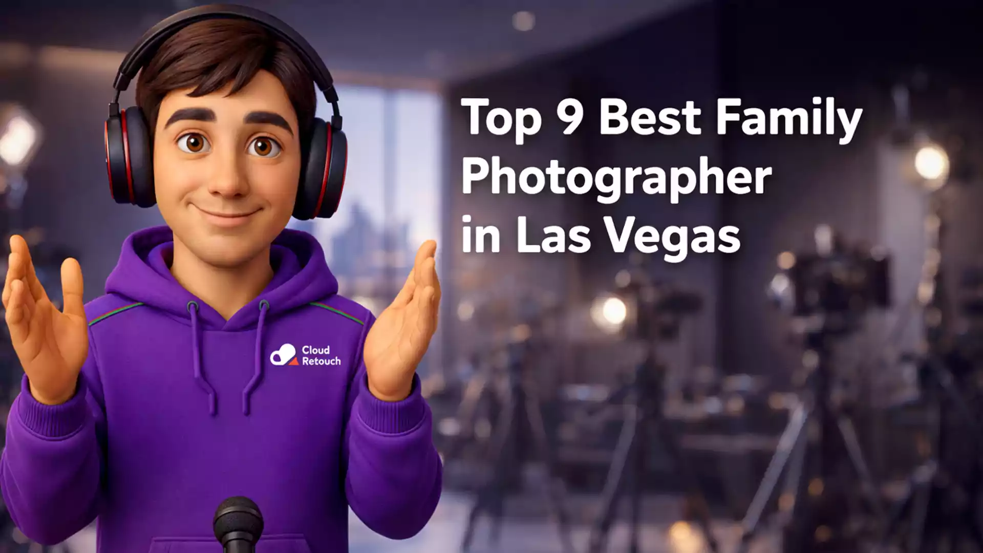 3D Pixar-style character in purple CloudRetouch hoodie and headphones standing in a Las Vegas photography studio.