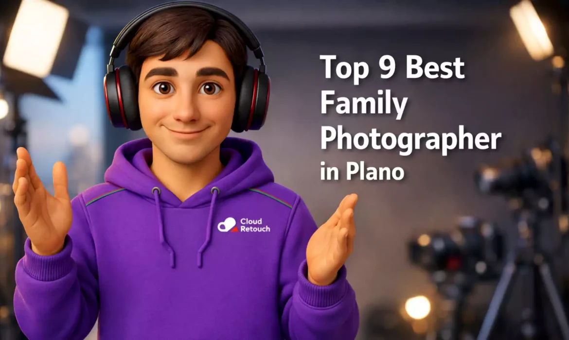 3D CloudRetouch character in a purple hoodie standing in a Plano photography studio wearing headphones.