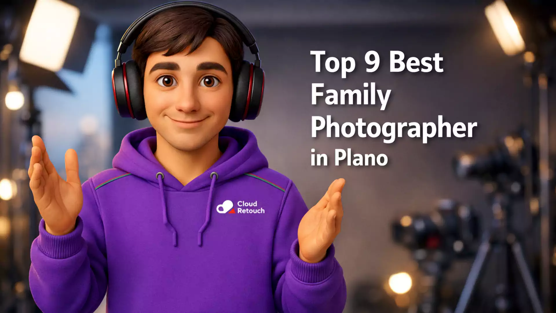3D CloudRetouch character in a purple hoodie standing in a Plano photography studio wearing headphones.