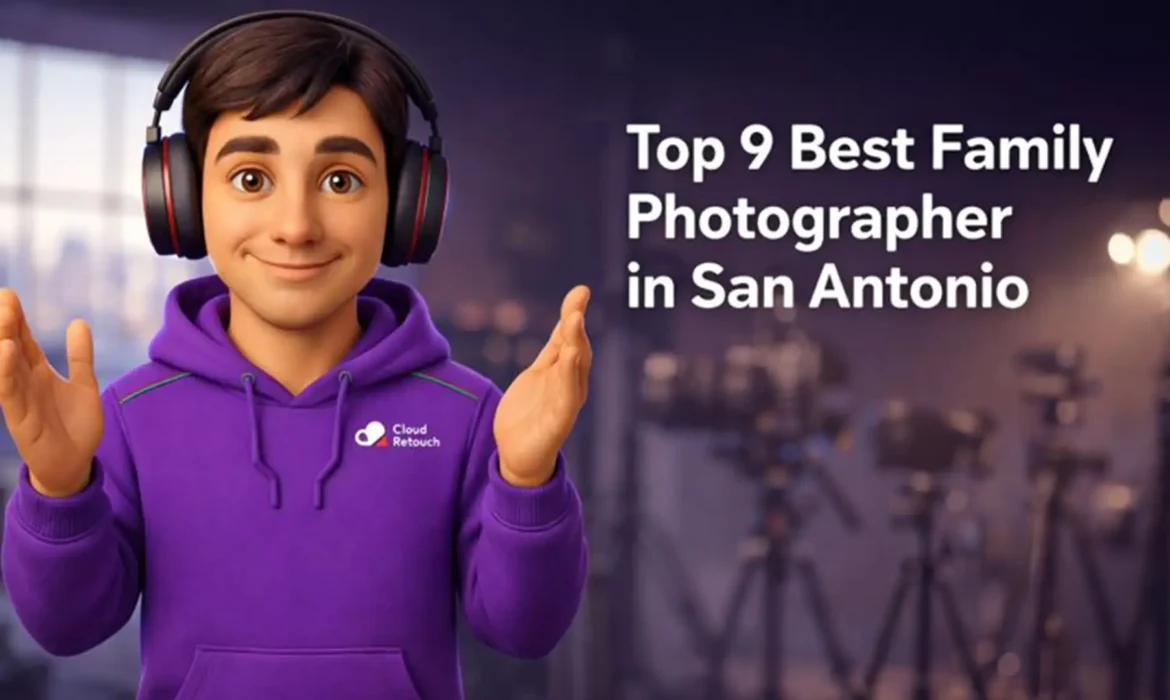 CloudRetouch 3D character in a San Antonio photography studio reviewing family portrait concepts