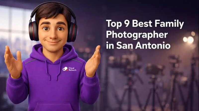 CloudRetouch 3D character in a San Antonio photography studio reviewing family portrait concepts