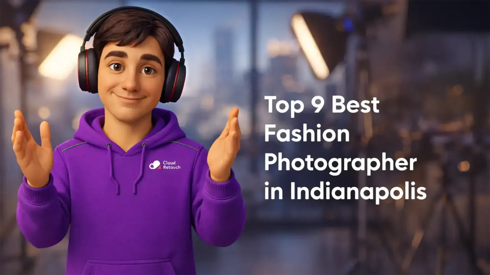 CloudRetouch 3D character in a purple hoodie and headphones standing in an Indianapolis photography studio.