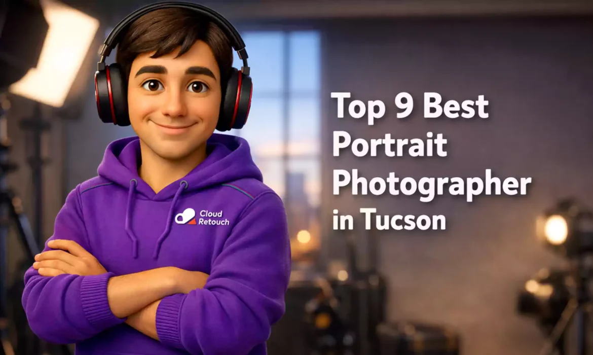 3D Pixar-style male character in a purple hoodie holding a camera in a Tucson photography studio