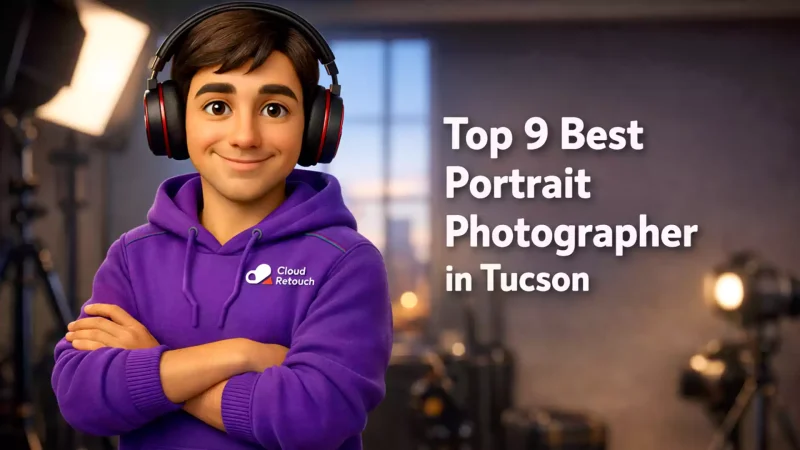 3D Pixar-style male character in a purple hoodie holding a camera in a Tucson photography studio