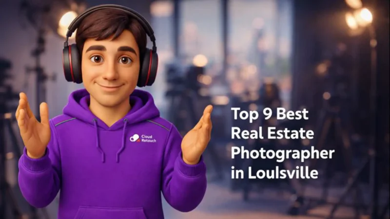 CloudRetouch 3D character in a Louisville photography studio wearing headphones and a purple hoodie.