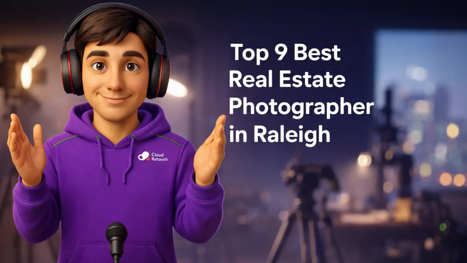 3D CloudRetouch character in a Raleigh photography studio wearing a purple hoodie and headphones.
