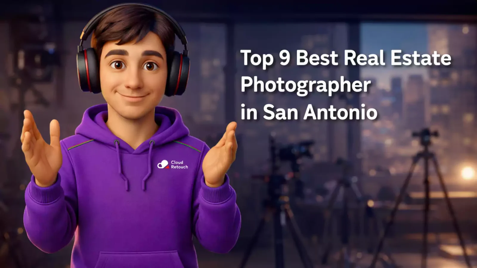 3D CloudRetouch character in a San Antonio photography studio wearing a purple hoodie and headphones.Real Estate Photographer