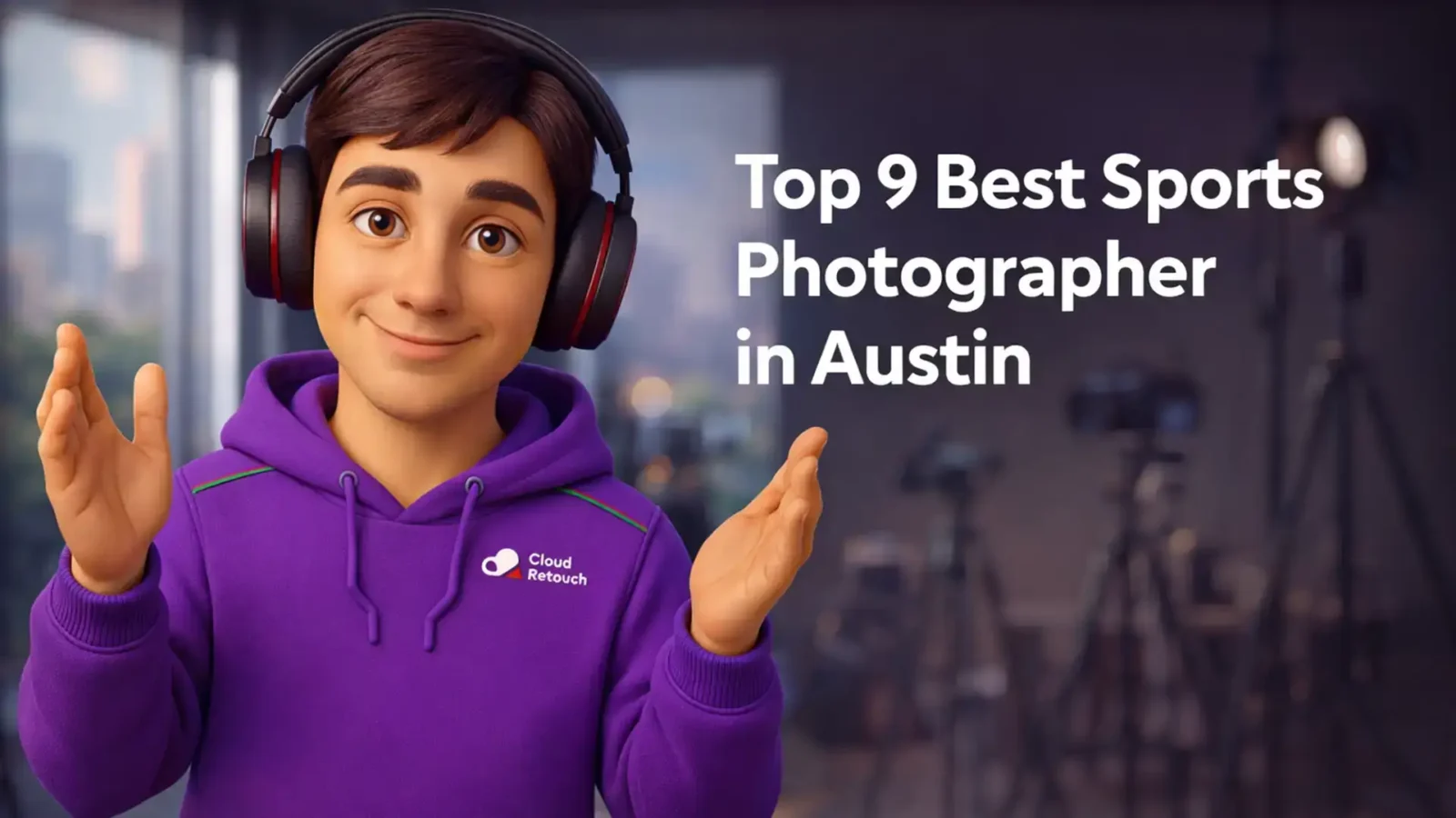 3D Pixar-style male character in a purple hoodie and headphones standing in an Austin photography studio with Top 9 Best Sports Photographer in Austin text overlay