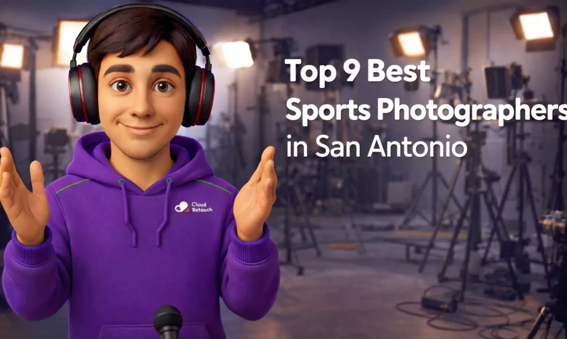 A 3D character in a purple hoodie and headphones stands in a San Antonio studio representing the Best Sports Photographer in San Antonio.
