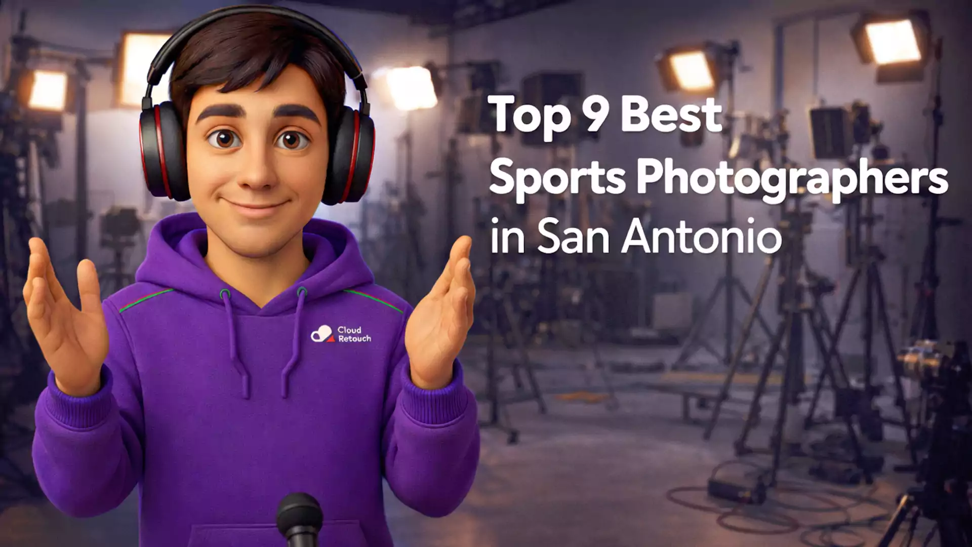A 3D character in a purple hoodie and headphones stands in a San Antonio studio representing the Best Sports Photographer in San Antonio.