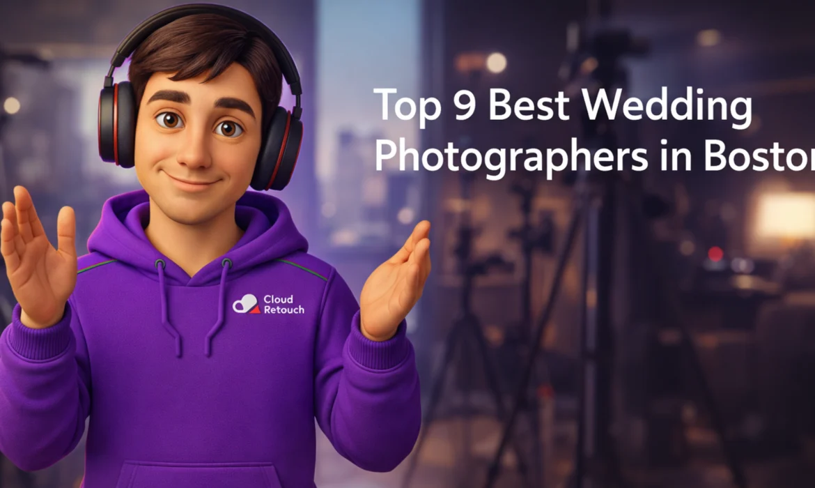 3D Pixar-style character in a purple hoodie and headphones standing in a Boston photography studio with the text Top 9 Best Wedding Photographer in Boston.