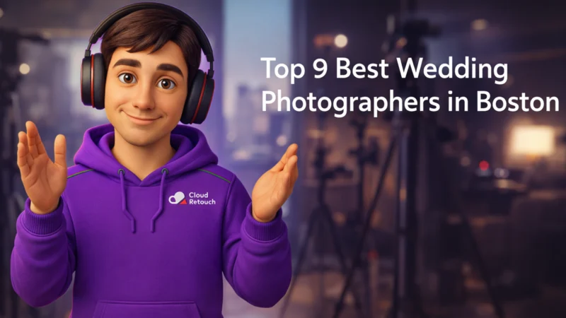 3D Pixar-style character in a purple hoodie and headphones standing in a Boston photography studio with the text Top 9 Best Wedding Photographer in Boston.