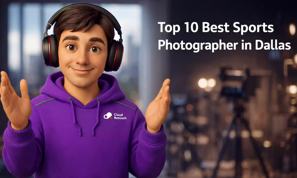 3D CloudRetouch character in a Dallas studio wearing headphones and a purple hoodie representing a sports photographer in Dallas