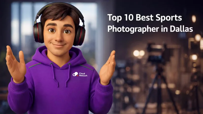3D CloudRetouch character in a Dallas studio wearing headphones and a purple hoodie representing a sports photographer in Dallas