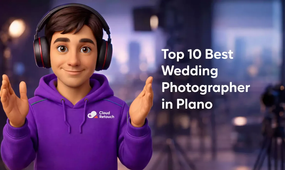 3D Pixar-style character reviewing top 10 best wedding photographer in Plano portfolios in a studio setting
