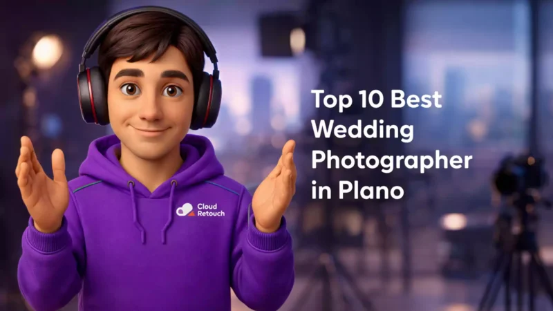 3D Pixar-style character reviewing top 10 best wedding photographer in Plano portfolios in a studio setting