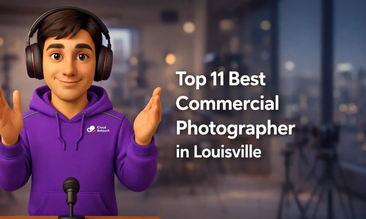 3D character in a Louisville photography studio wearing a purple CloudRetouch hoodie and headphones.