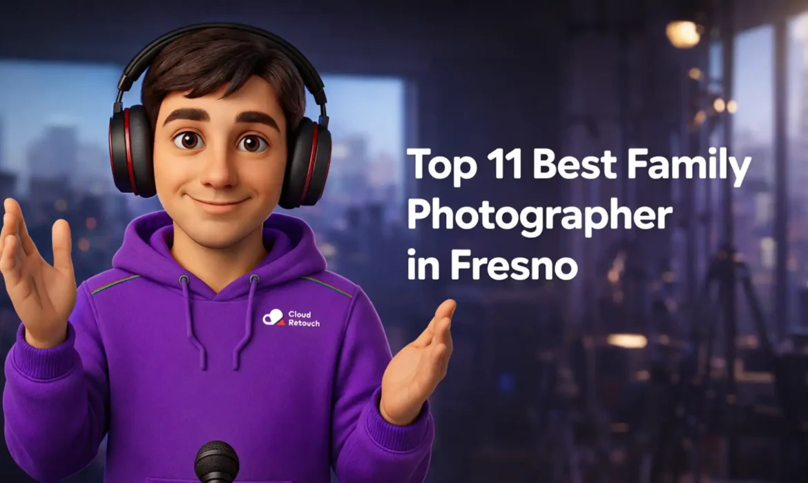 CloudRetouch 3D character in a Fresno studio wearing a purple hoodie and headphones.