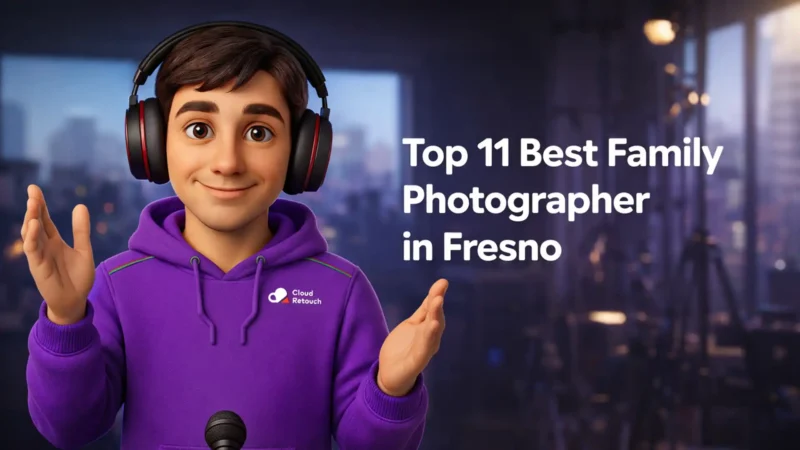 CloudRetouch 3D character in a Fresno studio wearing a purple hoodie and headphones.