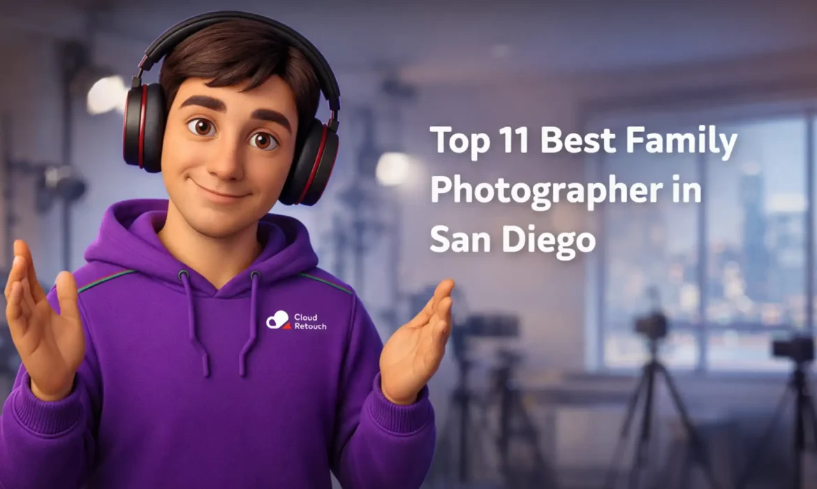 3D character in purple hoodie holding a camera in a San Diego studio setting