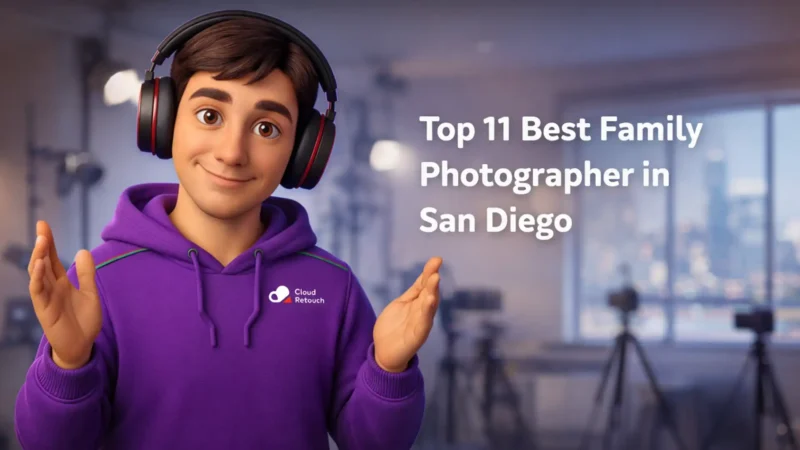 3D character in purple hoodie holding a camera in a San Diego studio setting