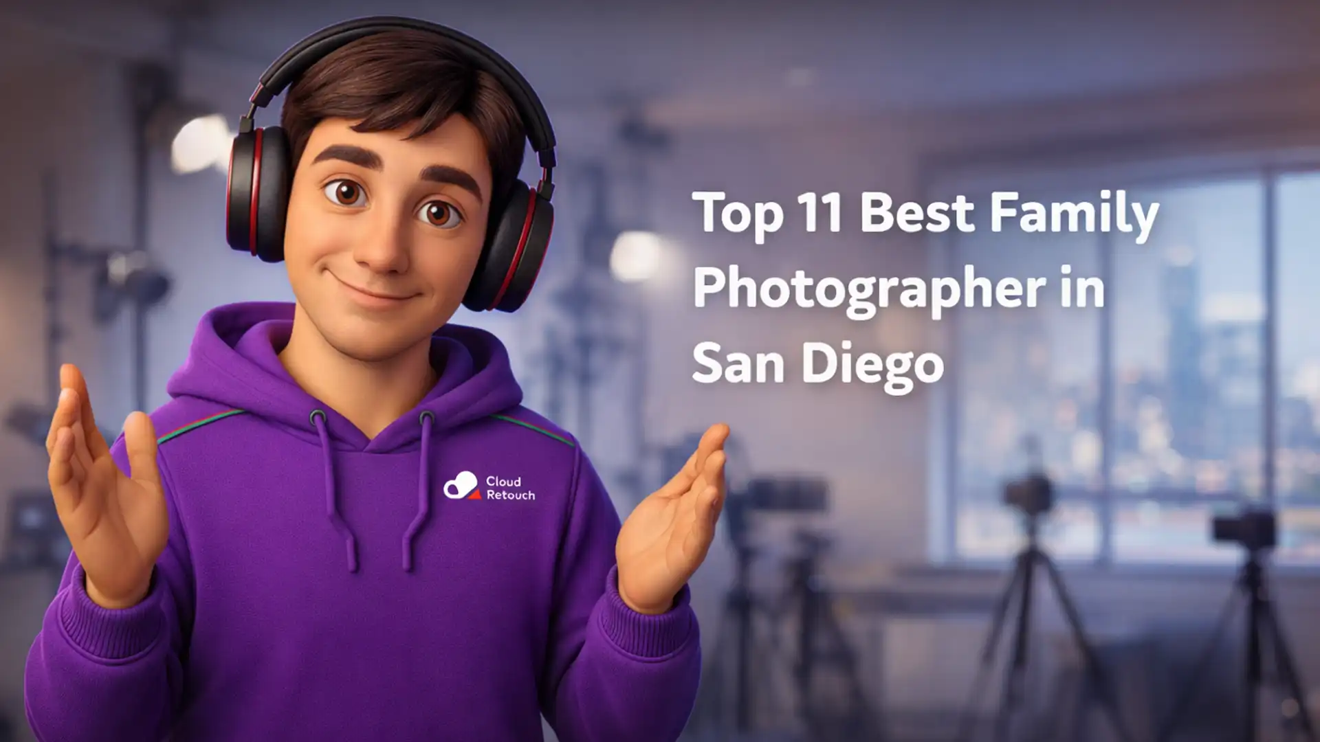 3D character in purple hoodie holding a camera in a San Diego studio setting