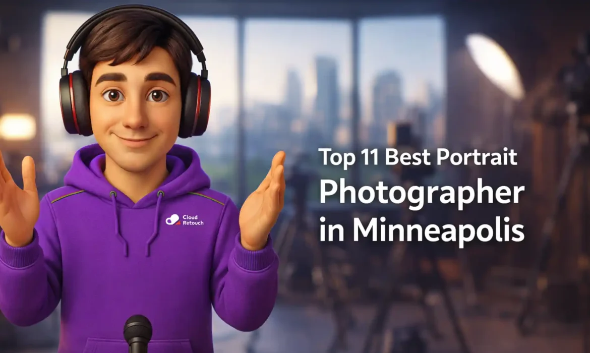 CloudRetouch character in a Minneapolis photography studio with text Top 11 Best Portrait Photographer in Minneapolis