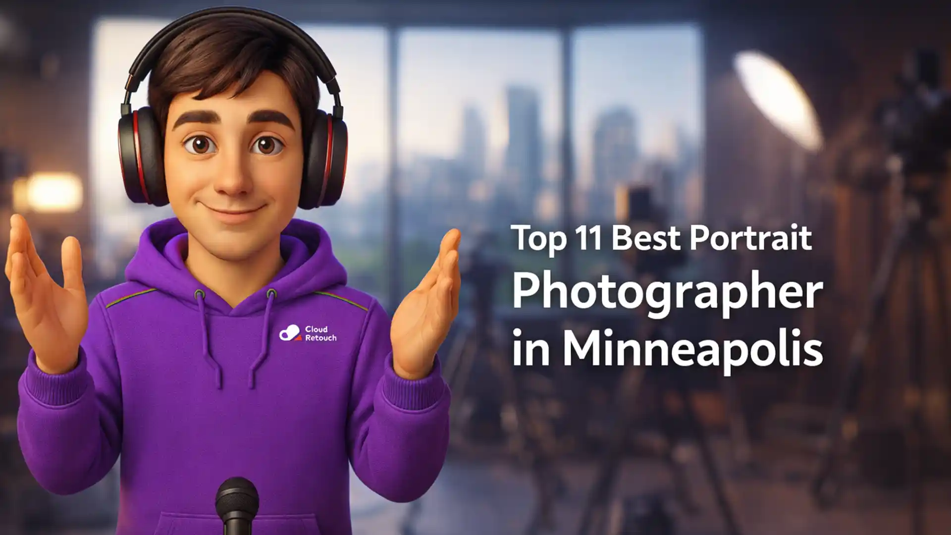 CloudRetouch character in a Minneapolis photography studio with text Top 11 Best Portrait Photographer in Minneapolis