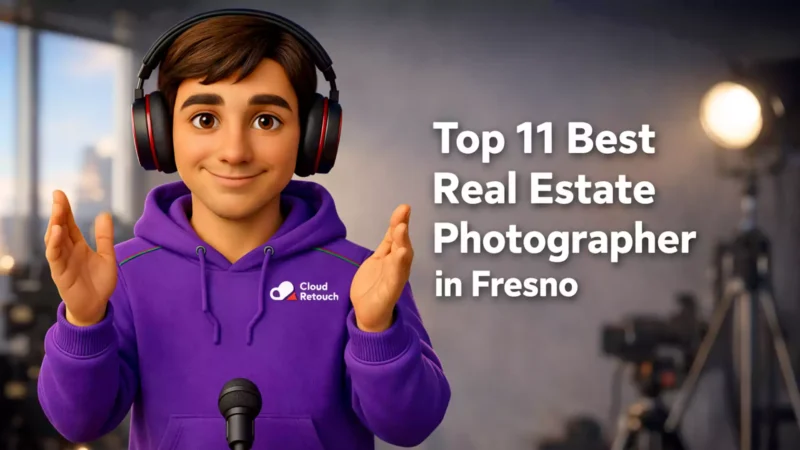 3D Pixar-style male character in a purple CloudRetouch hoodie holding a camera Real Estate Photographer in Fresno studio setting.