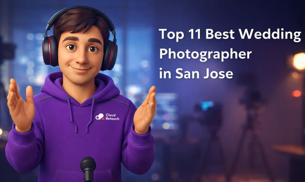 CloudRetouch character in a purple hoodie and headphones standing in a San Jose studio with photography gear, presenting the top wedding photographers.