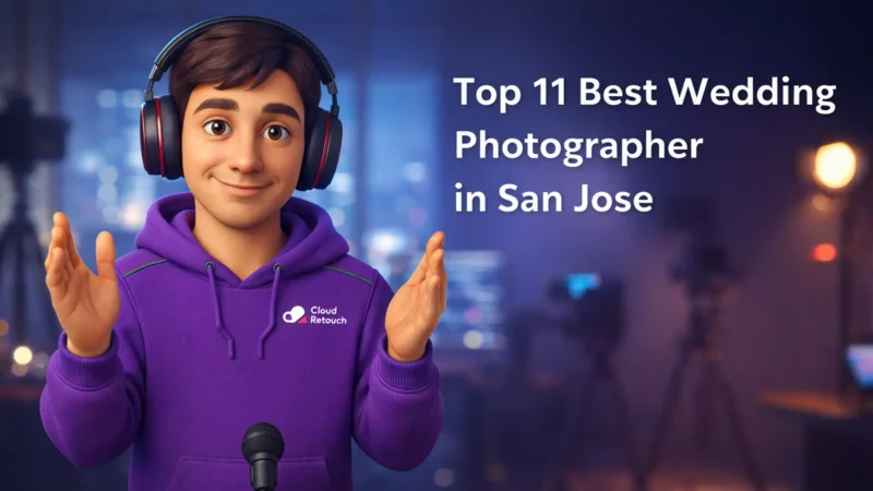 CloudRetouch character in a purple hoodie and headphones standing in a San Jose studio with photography gear, presenting the top wedding photographers.