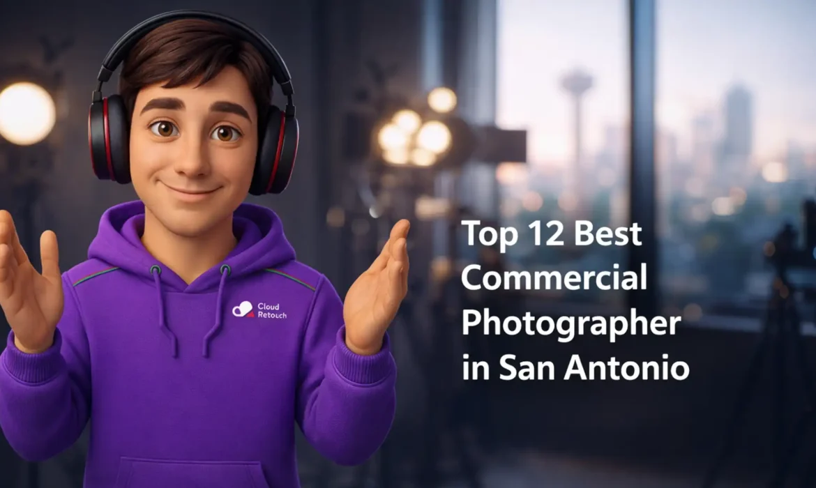 CloudRetouch character in a San Antonio photography studio wearing a purple hoodie and headphones.