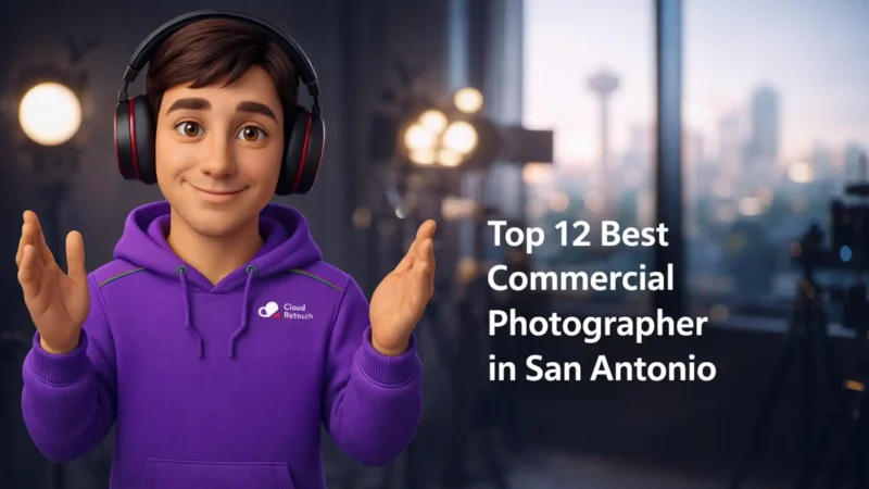 CloudRetouch character in a San Antonio photography studio wearing a purple hoodie and headphones.